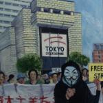 Traded Revolution is a triptych of the misguided Occupy Movement of 2011.  This canvas is 30" x 42" and has the Tokyo Stock Exchange as a backdrop.   I have replaced the negative signage of the protestors with pro-capitalism slogans.  The large Japanese character banner reads "Save Capitalism."  