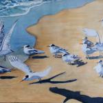 "Shareholder Meeting" is 24" x 30"  painting of a gathering of Royal Terns at Zuma Beach in California.  Attendance is optional but often enthusiastic.  The artist travelled to the location in December, 2015.  