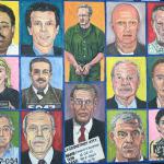 This painting is a Rogues Gallery of 14 portraits derived from mug shots of the most renown white collar crimes of the 20th century. The canvas is 34" x 44". 